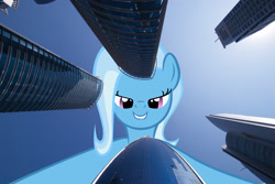 Size: 2500x1673 | Tagged: safe, artist:theotterpony, character:trixie, species:pony, city, giant pony, lip bite, looking at you, low angle, macro