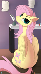 Size: 2160x3840 | Tagged: safe, artist:hevypony, character:fluttershy, species:pegasus, species:pony, book, cute, desk, ear fluff, female, floppy ears, fluffy, high res, lidded eyes, looking at you, looking back, looking back at you, mare, paper, patreon, patreon logo, quill, shoulder fluff, shyabetes, sitting, solo, table, wing fluff, wings