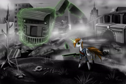 Size: 3000x2000 | Tagged: safe, artist:hereticofdune, oc, oc only, oc:littlepip, species:pony, species:unicorn, fallout equestria, bandolier, bone, boxcar, city, cityscape, clothing, cloud, cloudy, cutie mark, fanfic, fanfic art, female, glowing horn, gun, high res, hooves, horn, levitation, looking at you, magic, mare, monochrome, neo noir, partial color, pipbuck, ruins, shotgun, solo, sparkle cola, telekinesis, train, train yard, vault suit, wasteland, weapon