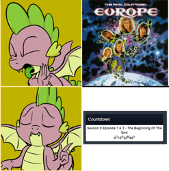 Size: 710x719 | Tagged: safe, artist:pony-berserker edits, edit, editor:countcoltnackh, character:spike, species:dragon, equestria daily, spoiler:s09, countdown to season 9, europe (band), exploitable meme, four panel meme, hotline bling, meme, the final countdown
