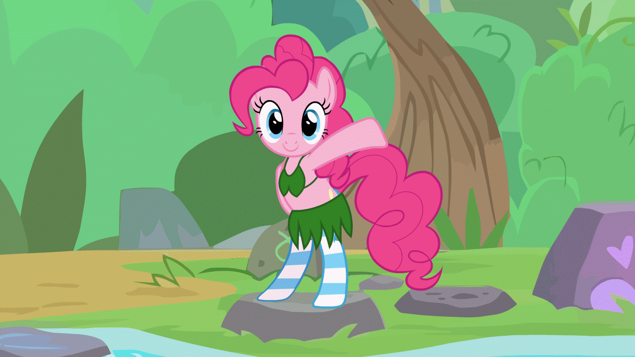 Size: 1280x720 | Tagged: safe, artist:tridashie, character:pinkie pie, species:earth pony, species:pony, animated, bikini, bipedal, c:, clothing, cute, dancing, diapinkes, female, grass skirt, i can't believe it's not hasbro studios, jungle, looking at you, mare, nature, rock, show accurate, skirt, smiling, socks, solo, striped socks, swimsuit, tridashie is tri-ing to murder us, waving