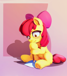 Size: 980x1120 | Tagged: safe, artist:drafthoof, artist:klemm, character:apple bloom, species:earth pony, species:pony, abstract background, belly button, collaboration, fanfic art, female, filly, freckles, frown, paper, pencil, sitting, solo, underhoof, writing