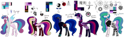 Size: 9999x3118 | Tagged: safe, artist:moonlight0shadow0, oc, oc only, oc:angsty emocore, oc:clausa vera, oc:misanthropy melody, oc:myringa, oc:soprano shadow, species:alicorn, species:bat pony, species:changeling, species:earth pony, species:pegasus, species:pony, species:unicorn, alicorn oc, band, bat pony alicorn, bat pony oc, changeling oc, chinese, choker, clothing, curved horn, fangs, female, fishnets, flannel, heart, hoodie, horn, horn ring, jewelry, lip piercing, look-alike, markings, messy mane, necklace, nose piercing, nose ring, not cadance, not celestia, not flurry heart, not luna, not twilight sparkle, piercing, reference sheet, simple background, sisters, socks, spiked choker, striped socks, tattoo, transparent background, vampire, wall of tags, wing piercing, wristband
