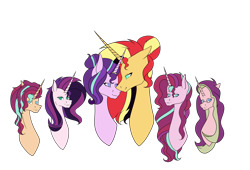 Size: 7937x5385 | Tagged: safe, artist:icey-wicey-1517, artist:moonlight0shadow0, edit, character:starlight glimmer, character:sunset shimmer, oc, oc:dawn light (ice1517), oc:dusk fire (ice1517), oc:evening glitter, oc:shadow shine, parent:starlight glimmer, parent:sunset shimmer, parents:shimmerglimmer, species:pony, species:unicorn, icey-verse, ship:shimmerglimmer, alternate hairstyle, brother and sister, bust, collaboration, color edit, colored, family, female, glasses, horn ring, lesbian, looking at each other, magical lesbian spawn, male, mare, mother and daughter, mother and son, next generation, offspring, ring, shipping, siblings, simple background, sisters, stallion, transparent background, twins, wedding ring