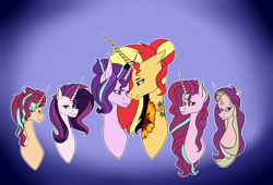 Size: 7937x5385 | Tagged: safe, alternate version, artist:icey-wicey-1517, artist:moonlight0shadow0, edit, character:starlight glimmer, character:sunset shimmer, oc, oc:dawn light (ice1517), oc:dusk fire (ice1517), oc:evening glitter, oc:shadow shine, parent:starlight glimmer, parent:sunset shimmer, parents:shimmerglimmer, species:pony, species:unicorn, icey-verse, ship:shimmerglimmer, alternate hairstyle, blue background, brother and sister, bust, collaboration, color edit, colored, ear piercing, earring, eyebrow piercing, family, female, glasses, gradient background, horn ring, jewelry, lesbian, lip piercing, looking at each other, magical lesbian spawn, male, mare, mother and daughter, mother and son, next generation, nose piercing, offspring, piercing, ring, shipping, siblings, simple background, sisters, snake bites, stallion, tattoo, twins, wedding ring