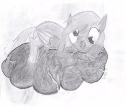 Size: 2908x2480 | Tagged: safe, artist:ed-skar, character:derpy hooves, species:pegasus, species:pony, female, high res, mare, monochrome, prone, solo, stormcloud, traditional art