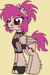Size: 612x926 | Tagged: safe, artist:rosefang16, oc, oc only, oc:raspberry jam, parent:berry punch, parent:strawberry sunrise, species:pegasus, species:pony, choker, clothing, ear fluff, ear piercing, earring, eyeshadow, female, fingerless gloves, gloves, jewelry, leg fluff, magical lesbian spawn, makeup, mare, nose piercing, nose ring, offspring, parents:strawberry punch, piercing, simple background, solo, spiked choker, spiked wristband, tank top, wing fluff, wristband, yellow background