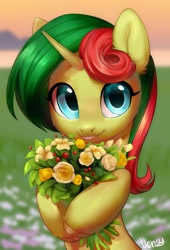 Size: 1473x2160 | Tagged: safe, artist:vensual99, rcf community, oc, oc only, oc:hungry flower, species:pony, species:unicorn, cute, female, flower, looking at you, solo