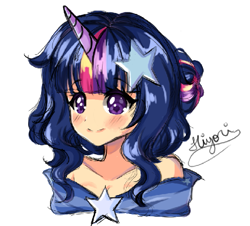 Size: 541x489 | Tagged: safe, artist:kawurin, character:twilight sparkle, character:twilight sparkle (alicorn), character:twilight sparkle (unicorn), species:alicorn, species:human, species:pony, species:unicorn, my little pony:equestria girls, anime, anime style, background human, bust, clothing, cute, drawpile, dress, female, gala dress, horn, horned humanization, humanized, sketch, solo, twiabetes