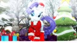 Size: 1920x1080 | Tagged: safe, artist:chocokumiko, character:rarity, species:pony, 3d, christmas, christmas lights, christmas ornament, christmas tree, clothing, commission, costume, decoration, female, hat, holiday, present, santa costume, santa hat, snow, snowfall, solo, source filmmaker, tree