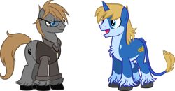Size: 2163x1125 | Tagged: safe, artist:theeditormlp, oc, oc:ben, oc:the editor, species:earth pony, species:pony, species:unicorn, clothing, glasses, male, shirt, simple background, stallion, transparent background, vest