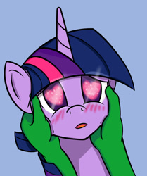 Size: 1600x1912 | Tagged: safe, artist:yukkuripalehorse, character:twilight sparkle, oc, oc:anon, species:pony, blushing, heart eyes, holding head, looking at you, wingding eyes