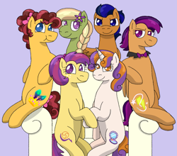 Size: 1747x1536 | Tagged: safe, artist:kindheart525, artist:quincydragon, oc, oc only, oc:chocolate cheesecake, oc:diamond mine, oc:flower power, oc:motocross, oc:pippin rose, oc:thunderclap, parent:apple bloom, parent:button mash, parent:cheese sandwich, parent:pinkie pie, parent:rumble, parent:scootaloo, parent:sweetie belle, parent:tender taps, parent:tree hugger, parents:cheesepie, parents:rumbloo, parents:sweetiemash, parents:tenderbloom, species:earth pony, species:pegasus, species:pony, species:unicorn, kindverse, armchair, bow, bow tie, f.r.i.e.n.d.s, flower, flower in hair, hair bow, offspring