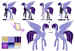 Size: 7937x5385 | Tagged: safe, artist:moonlight0shadow0, oc, oc only, oc:hesitant enchantment, parent:flash sentry, parent:twilight sparkle, parents:flashlight, species:alicorn, species:pony, icey-verse, alicorn oc, black socks, boots, chest fluff, clothing, crown, ear piercing, earring, glasses, hoodie, horn ring, jeans, jewelry, male, next generation, offspring, pants, piercing, raised hoof, reference sheet, regalia, scarf, shirt, shoes, simple background, socks, solo, spread wings, stallion, stockings, striped socks, suit, sweater, t-shirt, tattoo, thigh highs, transparent background, turtleneck, wings