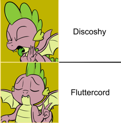 Size: 709x722 | Tagged: safe, artist:pony-berserker edits, edit, editor:countcoltnackh, character:discord, character:fluttershy, character:spike, species:dragon, ship:discoshy, drake, exploitable meme, female, four panel meme, hotline bling, male, meme, opinion, preference, shipping, solo, straight, winged spike