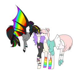 Size: 4860x4476 | Tagged: safe, artist:icey-wicey-1517, artist:moonlight0shadow0, edit, oc, oc only, oc:maxie (ice1517), oc:night rainbow, oc:rolla derbi, species:alicorn, species:bat pony, species:earth pony, species:pony, species:unicorn, alicorn oc, alternate hairstyle, bandaid, bat pony alicorn, bat pony oc, blank flank, boots, bracelet, choker, clothing, collaboration, color edit, colored, cute, ear piercing, earring, eyes closed, female, flying, hoodie, jacket, jewelry, kiss on the cheek, kiss sandwich, kissing, lesbian, mare, multicolored hair, oc x oc, piercing, polyamory, ponytail, rainbow hair, rainbow socks, raised hoof, roller skates, shipping, shoes, simple background, skirt, socks, spiked choker, striped socks, transparent background, wing piercing, wristband