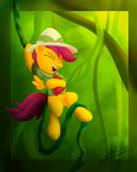 Size: 800x1000 | Tagged: safe, artist:klemm, character:scootaloo, species:pegasus, species:pony, book, clothing, eyes closed, female, filly, hat, jungle, pith helmet, solo, swinging, vine