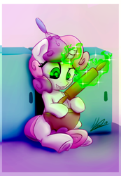 Size: 900x1300 | Tagged: safe, artist:klemm, character:sweetie belle, species:pony, species:unicorn, cooking, female, filly, food, glowing horn, levitation, magic, rolling pin, smiling, solo, sweetie belle can't cook, sweetie fail, telekinesis, this will end in fire, underhoof, whisk