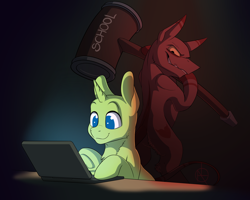 Size: 2500x2000 | Tagged: safe, artist:klarapl, oc, oc only, ponysona, species:pony, species:unicorn, anticipation, bald, computer, cute, dramatic lighting, female, grin, hammer, laptop computer, life, looking at someone, looking at something, male, mare, markings, metaphor, oblivious, reality sucks, relatable, school, simple background, sitting, smiling, stallion, standing, yellow eyes