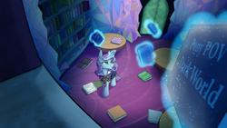 Size: 4267x2400 | Tagged: safe, artist:klarapl, oc, oc only, oc:untitled work, species:pony, species:unicorn, blank stare, book, bookshelf, bow, clothing, dirt, discorded, dress, female, frills, glowing horn, green eyes, horn, library, magic, maid, mare, open book, polka dots, pony pov series, table, telekinesis, twilight's castle, twilight's castle library