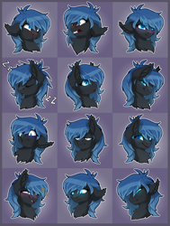 Size: 1500x1989 | Tagged: safe, artist:taiga-blackfield, oc, oc only, oc:midnight light, species:pony, blushing, bust, expressions, solo