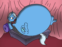 Size: 1048x788 | Tagged: safe, artist:virus-20, character:trixie, species:pony, species:unicorn, alicorn amulet, belly, bottom heavy, fat, female, impossibly large belly, lying down, mare, obese, the great and bountiful trixie