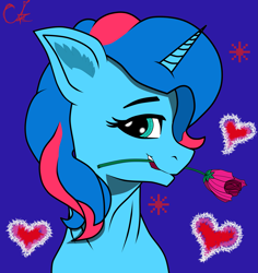 Size: 2785x2953 | Tagged: safe, artist:keshakadens, oc, oc:paradise sparkle, species:pony, species:unicorn, abstract background, bust, female, flower, flower in mouth, heart, mare, rose, rose in mouth, solo