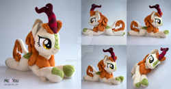 Size: 1600x830 | Tagged: safe, artist:meplushyou, character:autumn blaze, species:kirin, episode:sounds of silence, g4, my little pony: friendship is magic, cloven hooves, deviantart watermark, female, irl, obtrusive watermark, photo, plushie, prone, smiling, solo, watermark
