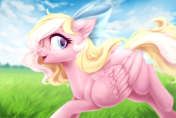 Size: 3000x2000 | Tagged: safe, artist:sparkling_light, oc, oc only, oc:bay breeze, species:pegasus, species:pony, bow, cute, female, field, hair bow, mare, open mouth, running, ych result
