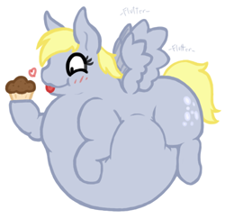 Size: 546x530 | Tagged: safe, artist:queenfrau, character:derpy hooves, species:pegasus, species:pony, aderpose, belly, cupcake, fat, female, mare, muffin, obese, that pony sure does love muffins