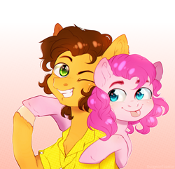 Size: 3244x3128 | Tagged: safe, artist:rizzych, character:cheese sandwich, character:pinkie pie, species:earth pony, species:pony, ship:cheesepie, blep, clothing, eyebrows, female, gradient background, hug, male, mare, one eye closed, shipping, shirt, simple background, stallion, straight, tongue out, wink