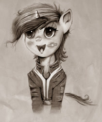 Size: 1024x1220 | Tagged: safe, artist:hereticofdune, oc, oc only, oc:littlepip, species:pony, species:unicorn, fallout equestria, black and white, clothing, cute, fanfic, fanfic art, female, grayscale, horn, mare, monochrome, open mouth, pipabetes, simple background, solo, teeth, vault suit
