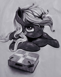 Size: 1607x2000 | Tagged: safe, artist:hereticofdune, oc, oc only, oc:velvet remedy, species:pony, species:unicorn, fallout equestria, black and white, fanfic, fanfic art, female, fluttershy medical saddlebag, grayscale, horn, mare, medical saddlebag, monochrome, saddle bag, simple background, solo, white background