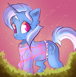 Size: 1273x1286 | Tagged: safe, artist:autumnvoyage, character:trixie, species:pony, species:unicorn, clothing, cute, diatrixes, ear fluff, female, mare, see-through, shirt, smiling, solo