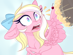 Size: 2377x1800 | Tagged: safe, artist:sparkling_light, oc, oc only, oc:bay breeze, species:pegasus, species:pony, blue background, bow, cherry, fangs, female, floppy ears, food, frown, gradient background, hair bow, mare, nose wrinkle, open mouth, pie, raised hoof, scared, simple background, solo, spread wings, surprised, thin, this will end in tears, wide eyes, wings, ych result