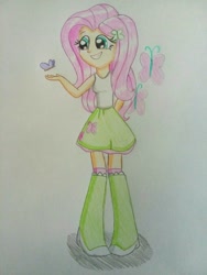 Size: 1224x1632 | Tagged: safe, artist:prinrue, character:fluttershy, my little pony:equestria girls, boots, butterfly, clothing, cute, cutie mark on clothes, female, fluttershy's cutie mark, shoes, skirt, socks, solo, tank top, traditional art
