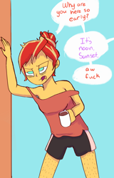 Size: 2118x3300 | Tagged: safe, artist:pettypop, character:sunset shimmer, my little pony:equestria girls, alternate hairstyle, braless, clothing, coffee, female, grumpy, hair bun, hairy legs, implied sci-twi, implied twilight sparkle, leg hair, mug, not a morning pony, off shoulder, solo, vulgar, waking up