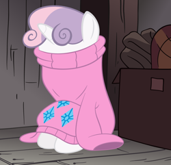 Size: 1500x1445 | Tagged: safe, artist:avastindy, character:sweetie belle, clothing, crossover, cute, diasweetes, gravity falls, mabel pines, sad, sweater, sweater town, the hand that rocks the mabel