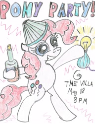 Size: 2480x3229 | Tagged: safe, artist:horselover fat, character:pinkie pie, species:pony, alcohol, bipedal, dancing, light bulb, party, poster, traditional art