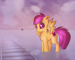 Size: 2220x1764 | Tagged: safe, artist:autumnvoyage, character:scootaloo, species:pegasus, species:pony, boat, cloud, female, filly, railroad, reflection, sky, solo, spirited away, spread wings, water, wings