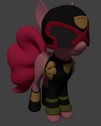 Size: 866x1080 | Tagged: safe, artist:dracagon, character:pinkie pie, species:earth pony, species:pony, 3d, clothing, female, gray background, helmet, judge dredd, mare, simple background, solo, uniform, wip