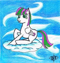 Size: 1111x1166 | Tagged: safe, artist:assertiveshypony, character:blossomforth, species:pegasus, species:pony, cloud, cloudy, drawing, female, on a cloud, sky, smiling, solo
