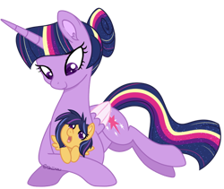 Size: 600x506 | Tagged: safe, artist:shiiazu, character:twilight sparkle, character:twilight sparkle (alicorn), oc, oc:nova star sparkle, parent:flash sentry, parent:twilight sparkle, parents:flashlight, species:alicorn, species:pegasus, species:pony, alternate hairstyle, baby, baby pony, colored pupils, colored wings, colored wingtips, crossed legs, cute, daughter, dawwww, digital art, duo, duo female, ear fluff, ethereal mane, family, female, filly, foal, galaxy mane, hair bun, happy, holding a pony, hooves, looking at each other, lying down, mama twilight, mare, mother, mother and daughter, next generation, offspring, older, older twilight, princess, signature, simple background, smiling, transparent background