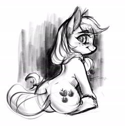 Size: 2236x2247 | Tagged: safe, artist:taytinabelle, character:applejack, species:earth pony, species:pony, applebucking thighs, applebutt, black and white, butt, cute, female, fluffy, grayscale, looking at you, looking back, looking back at you, mare, monochrome, plot, simple background, sketch, smiling, solo, white background