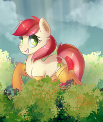 Size: 1882x2216 | Tagged: safe, artist:autumnvoyage, character:roseluck, species:earth pony, species:pony, bush, cloud, female, sky, solo, teeth