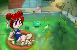 Size: 2500x1627 | Tagged: safe, artist:mistleinn, oc, oc only, oc:rampage, species:earth pony, species:pony, fallout equestria, fallout equestria: project horizons, alternate hairstyle, clothing, fanfic art, female, pink eyes, radioactive, red hair, solo, swimming pool, swimsuit, water