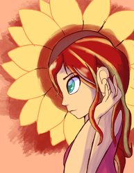 Size: 2550x3300 | Tagged: safe, artist:pettypop, character:sunset shimmer, my little pony:equestria girls, clothing, colored pupils, cute, female, flower, profile, shimmerbetes, solo, sunflower, tank top
