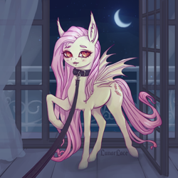 Size: 1200x1200 | Tagged: safe, artist:lunarlacepony, character:flutterbat, character:fluttershy, species:bat pony, species:pony, bat ponified, collar, crescent moon, dominant pov, female, femsub, indoors, leash, looking at you, mare, moon, pet play, race swap, raised hoof, solo, submissive