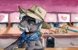 Size: 1024x663 | Tagged: safe, artist:the-wizard-of-art, character:burnt oak, character:jeff letrotski, species:earth pony, species:pony, background pony, bandana, bowling alley, clothing, cowboy hat, hat, jeff bridges, male, ponified, sam elliot, solo focus, stallion, the big lebowski, the dude, the stranger, watercolor painting