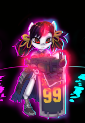 Size: 1200x1740 | Tagged: safe, artist:mistleinn, oc, oc only, oc:blackjack, species:pony, species:unicorn, fallout equestria, fallout equestria: project horizons, alternate hairstyle, armor, clothing, crossover, fanfic art, female, girl's frontline, gun, magic, palindrome get, semi-anthro, shield, shotgun, solo, spas-12, twintails, weapon